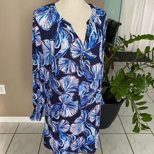 Lilly Pulitzer Shift Dress Medium Long Sleeve Koi Shell Print V-Neck Modified